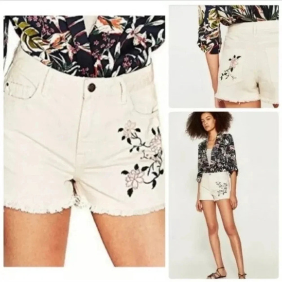 New Zara Floral Embroidered High-rise cotton cutoff Denim Jean shorts - Picture 2 of 10